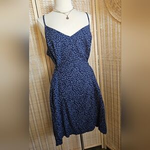 Linen Navy Blue Geometric Print Spaghetti Strap A-line Flowy Dress with Pockets